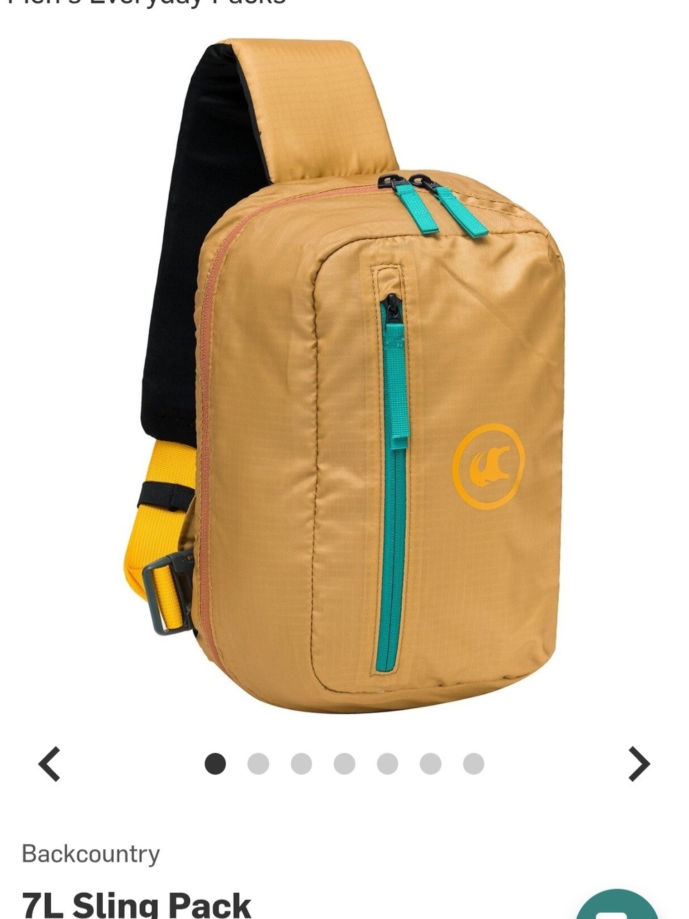 Backcountry 7L Sling Pack- Mustard Yellow Sling Crossbody Bag with Teal Accents - Picture 2 of 6